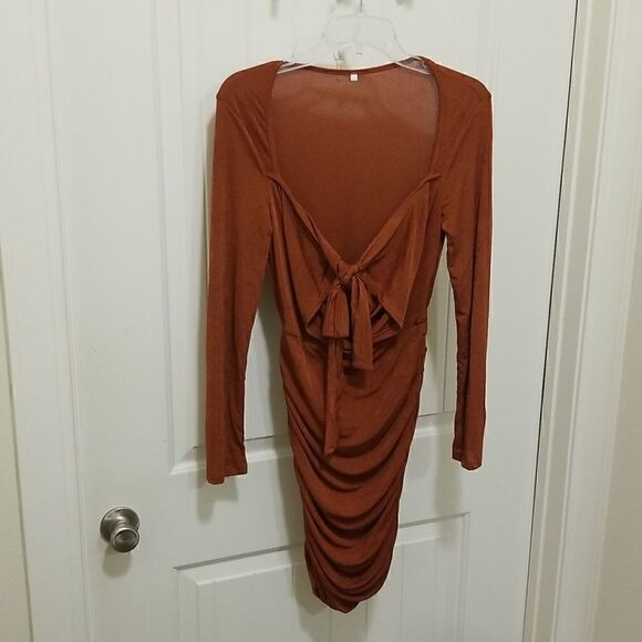 Coffee Long Sleeve Halter V-Neck Silk Bodycon Mini Dress sz Medium - Picture 6 of 14